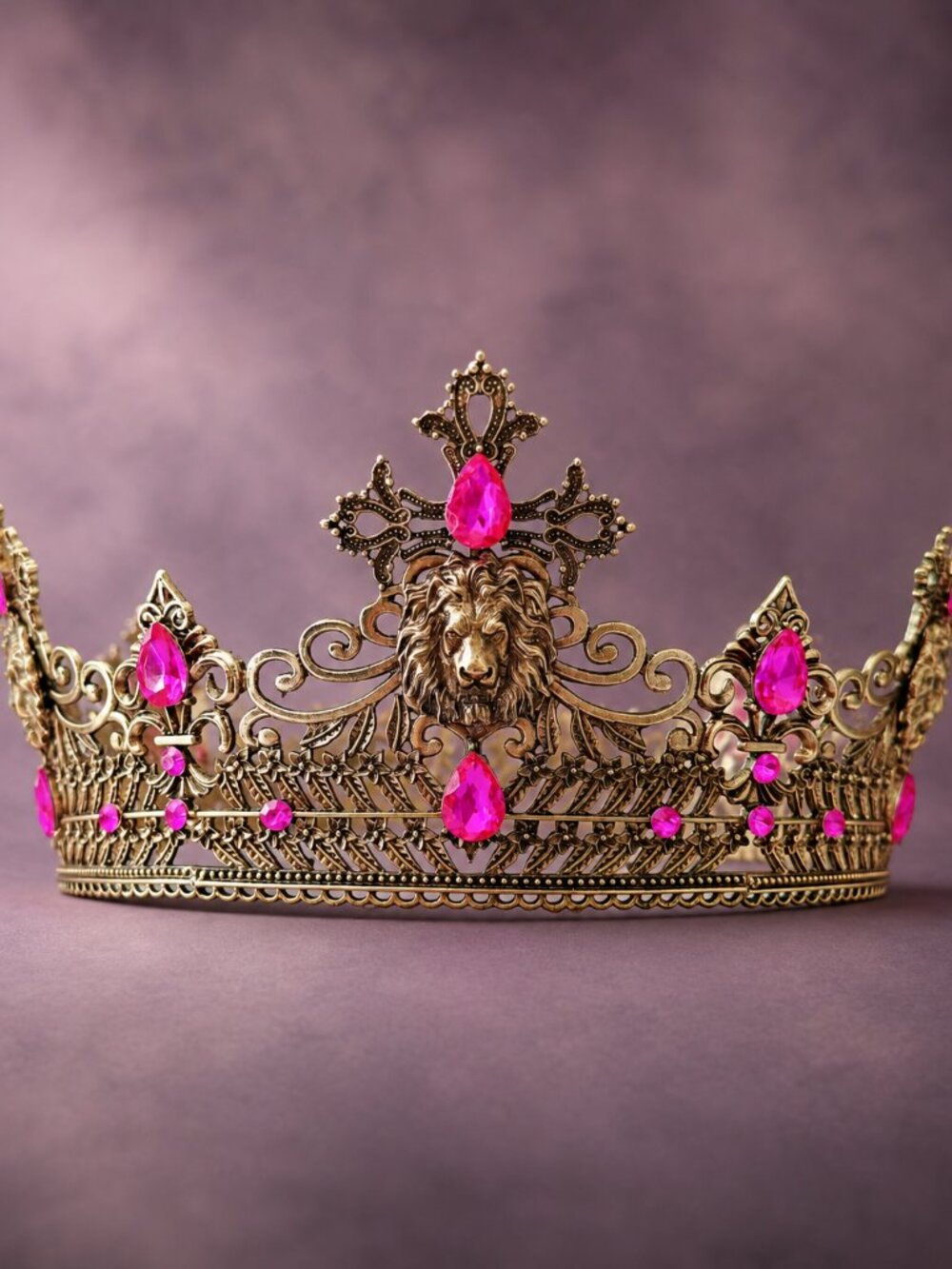 Vintage Style Gold Lion Crown with Hot Pink Crystals, Royal King Queen Headpiece